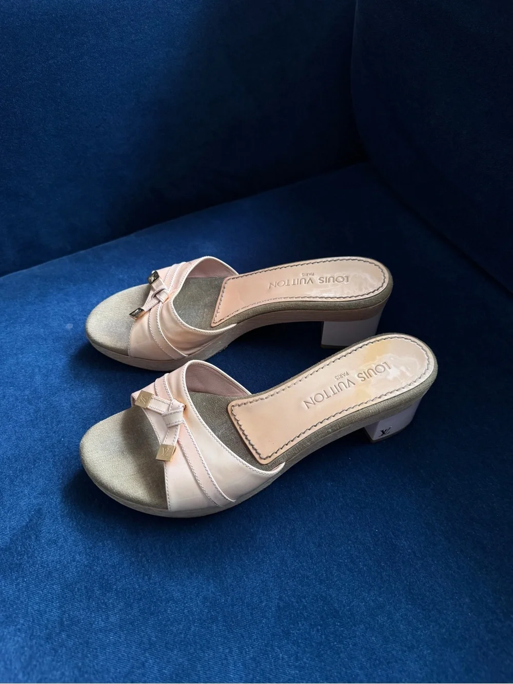 Louis Vuitton Signature Logo Wooden Tan pink Patent Leather Mule Sandals Size 38